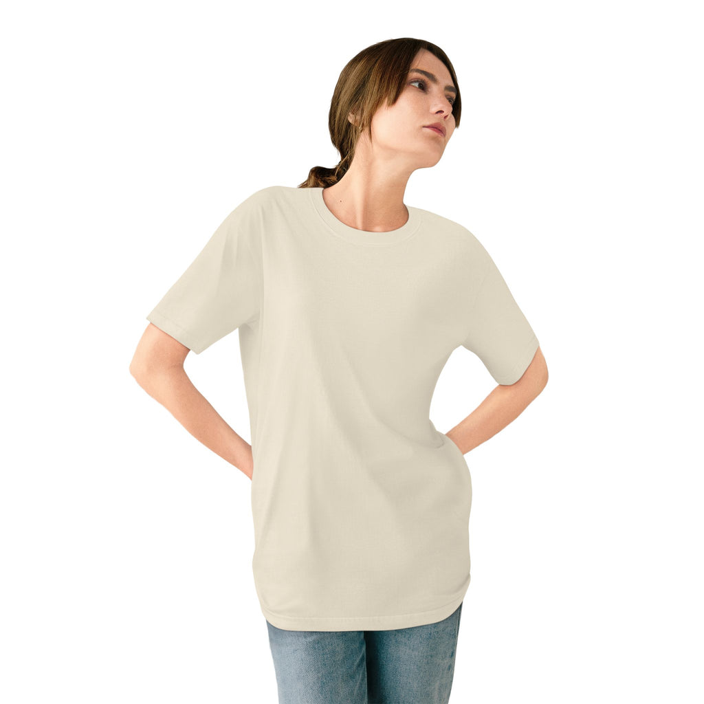 The Penguin Mountain River T-shirt in Natural, worn outdoors