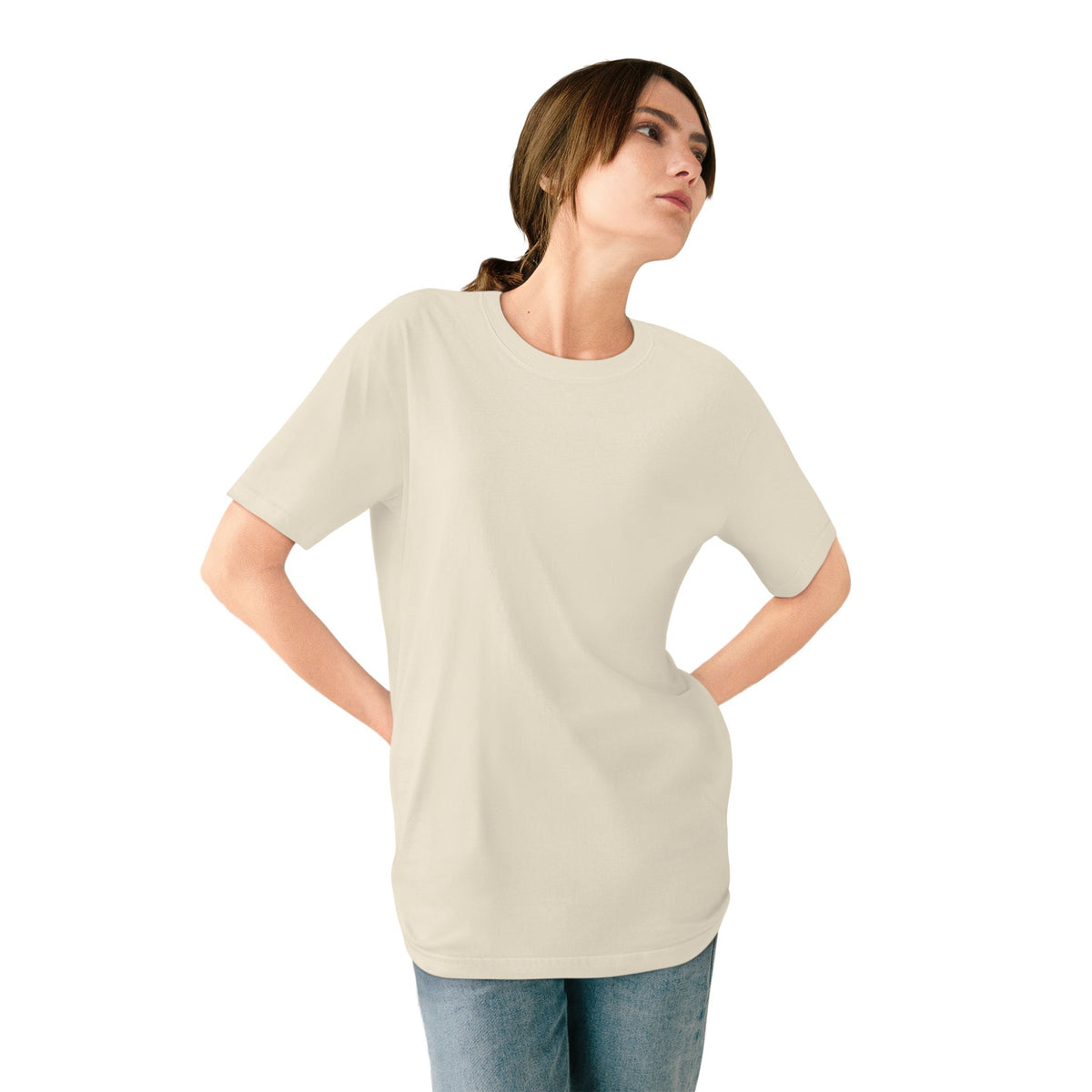 The Penguin Mountain River T-shirt in Natural, worn outdoors