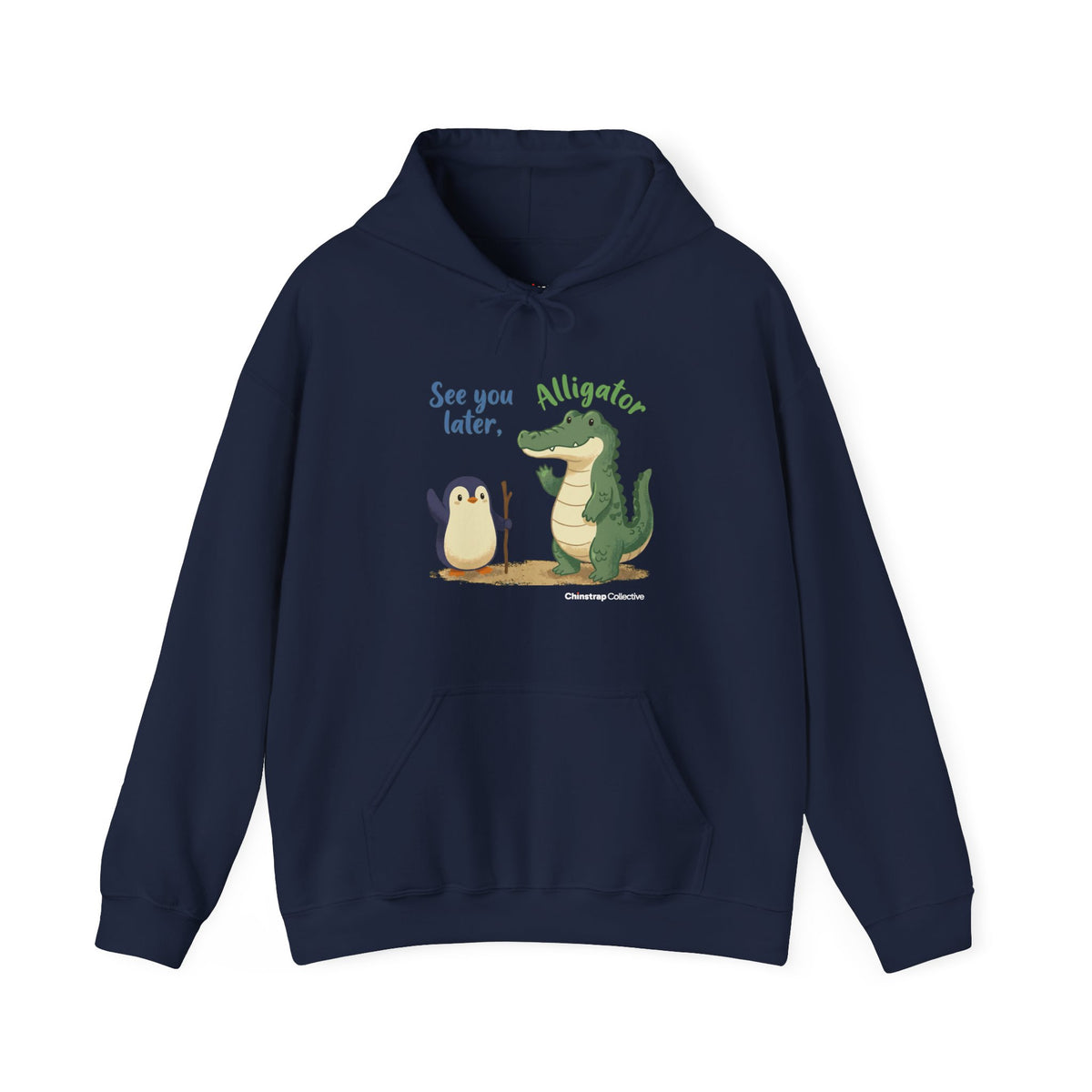 Later, Gator penguin hoodie in Navy: The drawing shows the penguin with a walking stick waving at a big green alligator…
