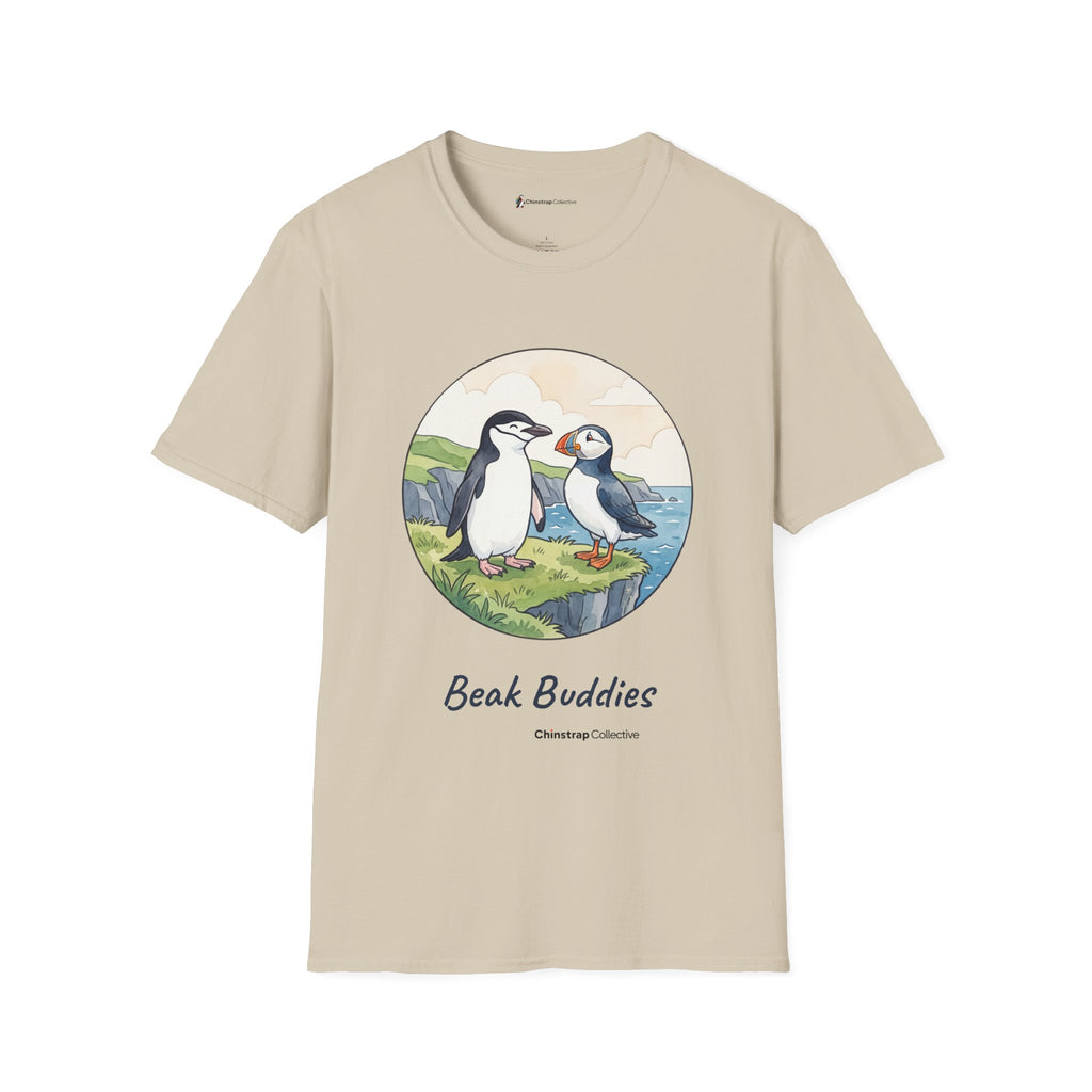 Beak Buddies penguin T-shirt in Sand: A watercolour and ink chinstrap penguin and puffin