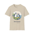Beak Buddies penguin T-shirt in Sand: A watercolour and ink chinstrap penguin and puffin