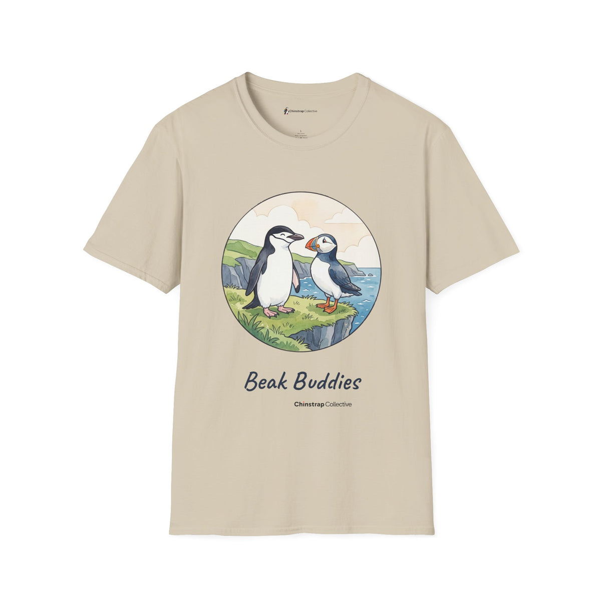 Beak Buddies penguin T-shirt in Sand: A watercolour and ink chinstrap penguin and puffin