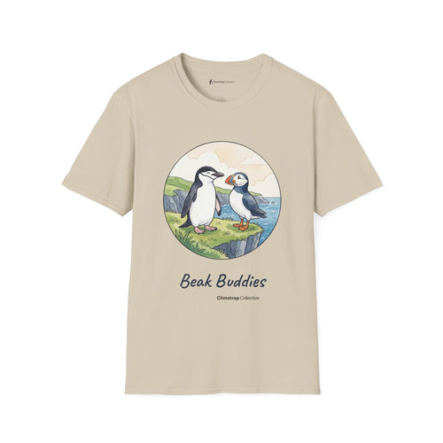 Beak Buddies penguin T-shirt in Sand: A watercolour and ink chinstrap penguin and puffin