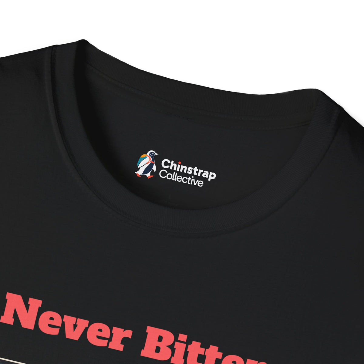 The Chinstrap Collective neck label on the Never Bitter T-shirt in Black