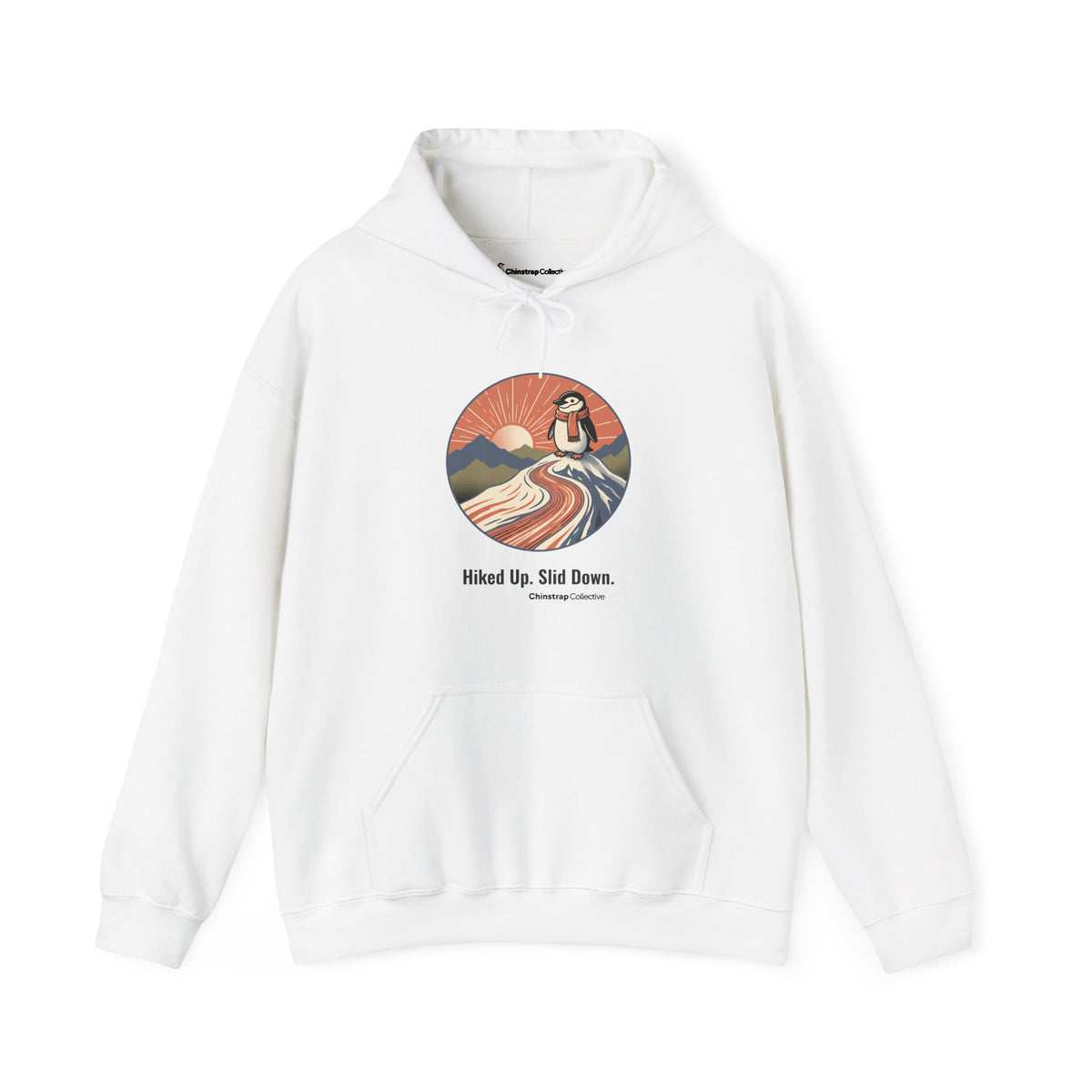 Hiked Up penguin hoodie in White: “Hiked Up. Slid Down.” is set below the drawing in a colour matched to each hoodie,…