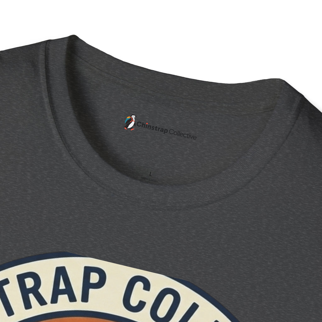 The Chinstrap Collective neck label on the Penguin Patch T-shirt in Dark Heather