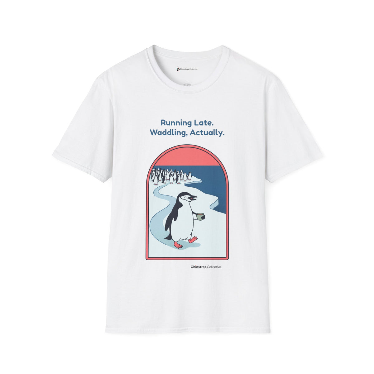 Waddling penguin T-shirt in White: The art shows the chinstrap penguin waddling along a long icy path at its own serene…