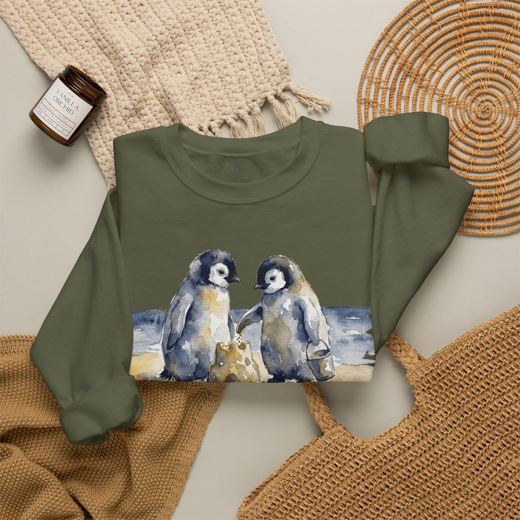 The Sandcastle Penguin Chicks sweatshirt in Military Green, folded