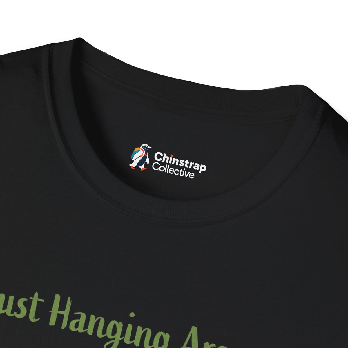 The Chinstrap Collective neck label on the Just Hanging Around T-shirt in Black