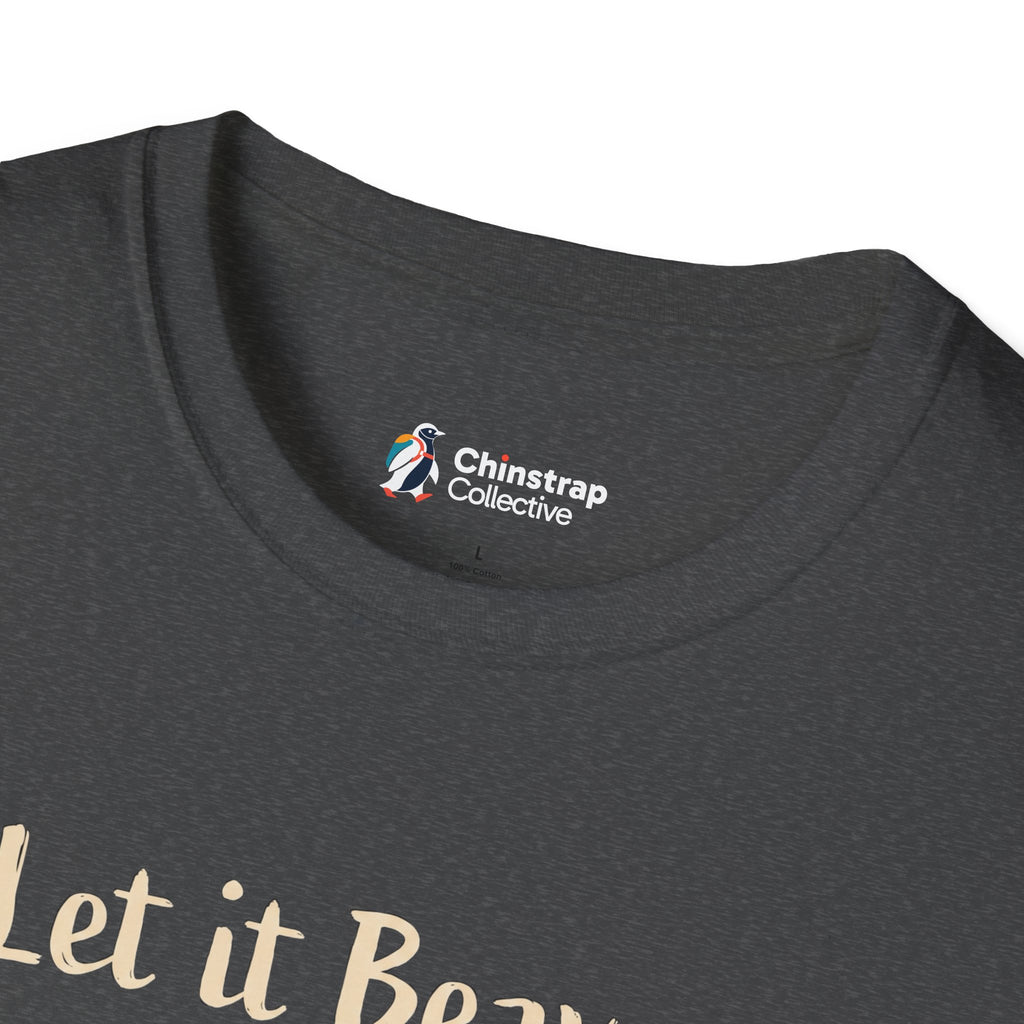 The Chinstrap Collective neck label on the Let It Beaver T-shirt in Dark Heather