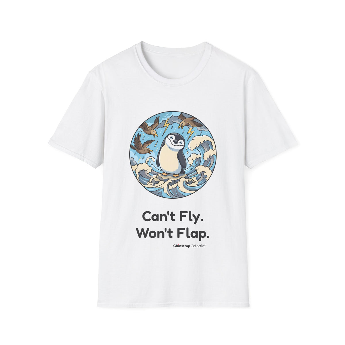 Unflappable penguin T-shirt in White: A cartoon penguin standing calmly