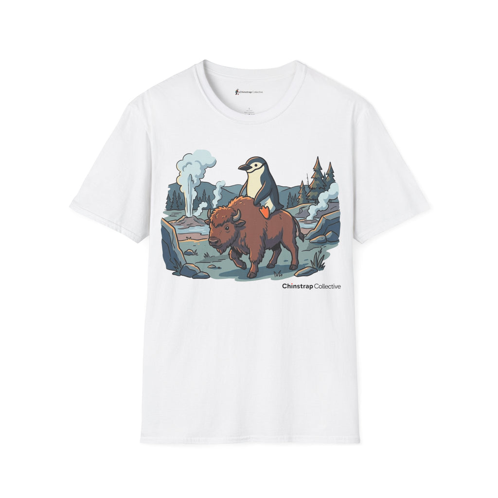 Penguin Bison Ride penguin T-shirt in White: A cartoon scene with bold outlines fills the chest: a chinstrap penguin…