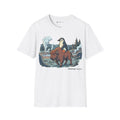 Penguin Bison Ride penguin T-shirt in White: A cartoon scene with bold outlines fills the chest: a chinstrap penguin…