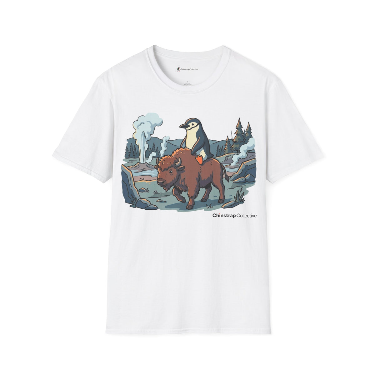 Penguin Bison Ride penguin T-shirt in White: A cartoon scene with bold outlines fills the chest: a chinstrap penguin…