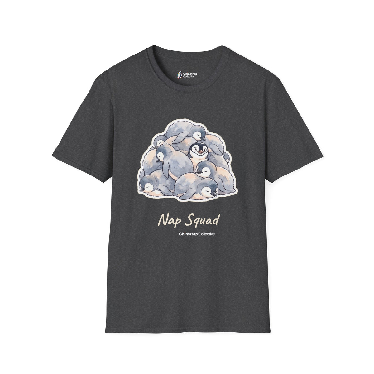 Nap Squad penguin T-shirt in Dark Heather: A watercolour pile of sleeping grey penguin chicks with one awake in the…