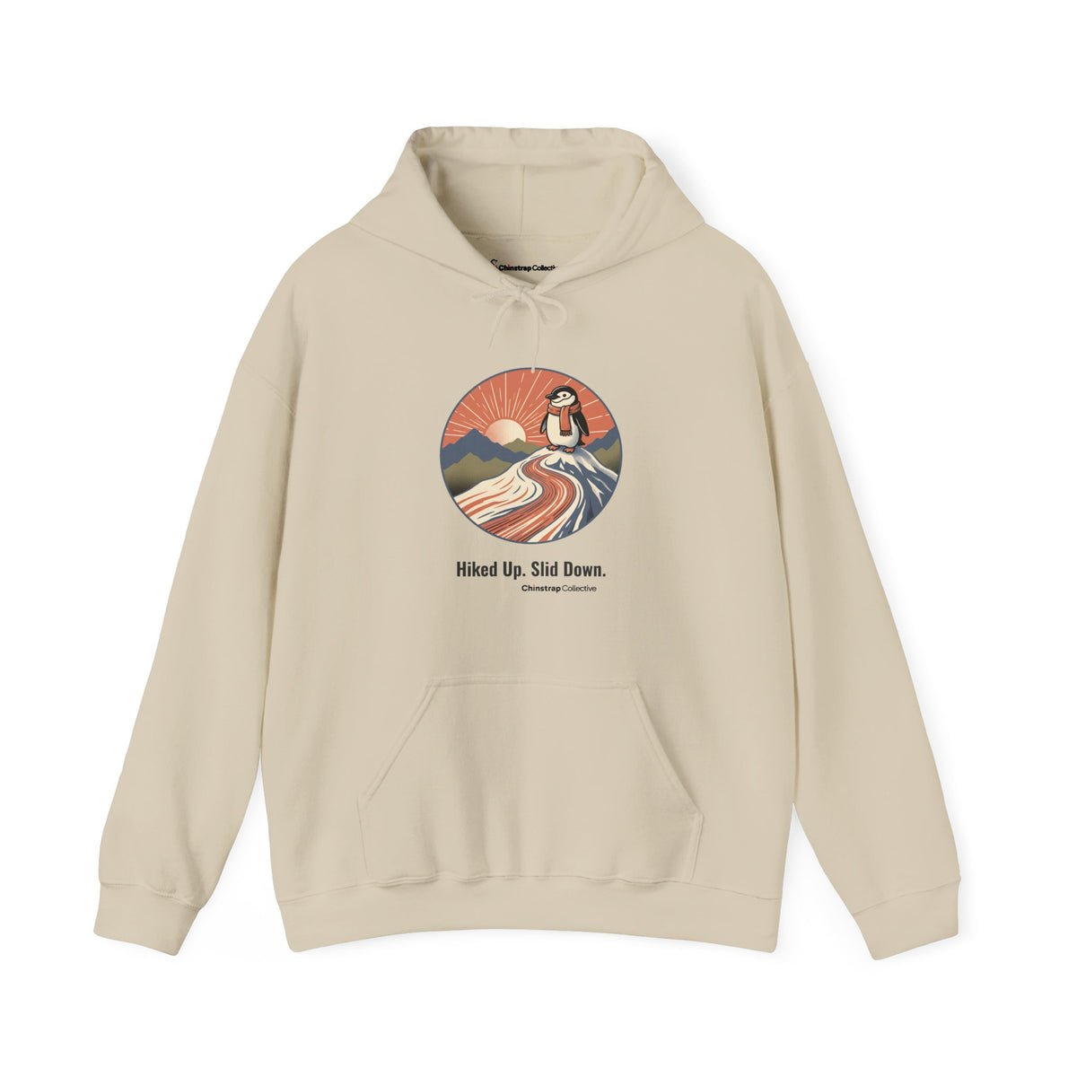 Hiked Up penguin hoodie in Sand: “Hiked Up. Slid Down.” is set below the drawing in a colour matched to each hoodie, with…