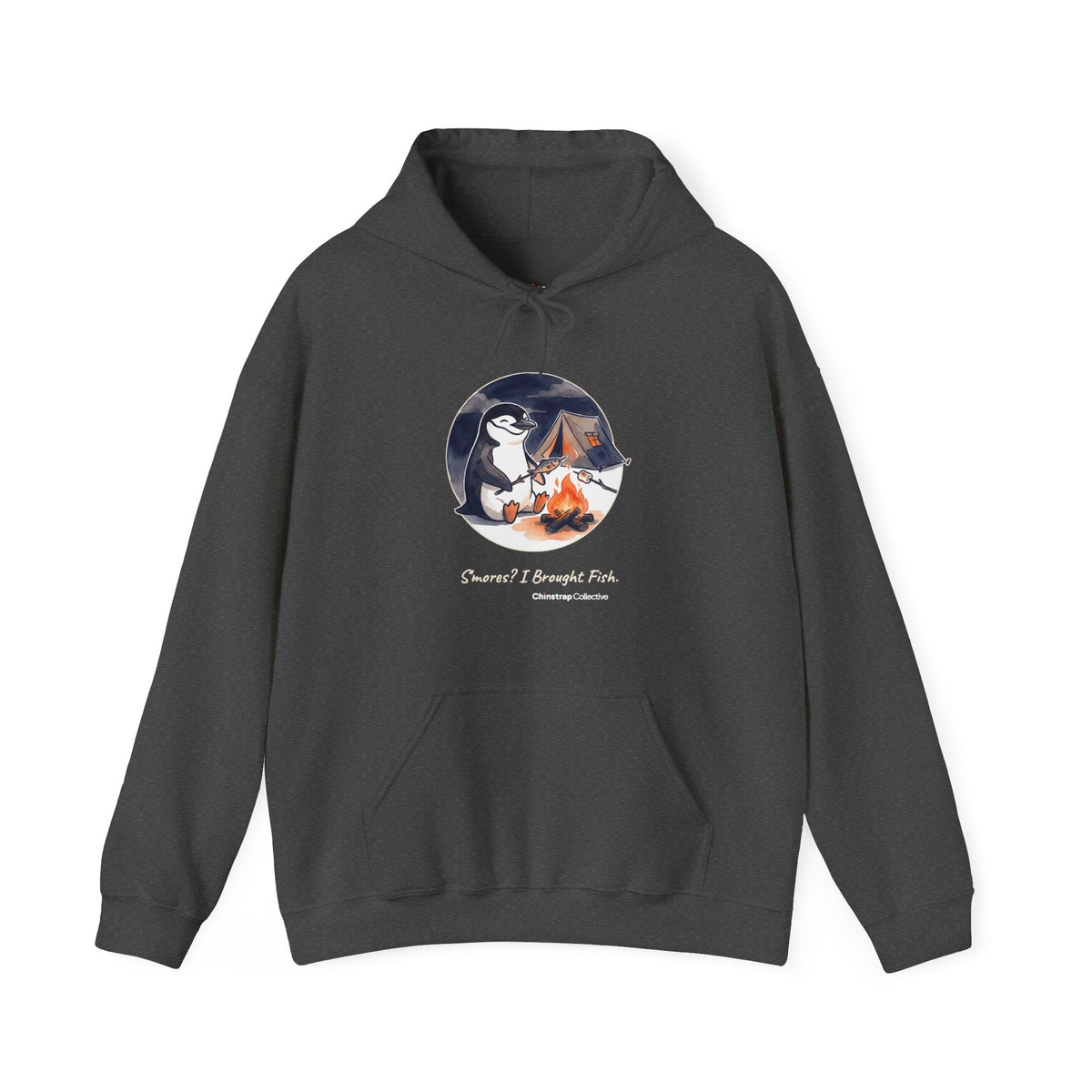 Campfire Fish penguin hoodie in Dark Heather: The chinstrap penguin sits by a low campfire at night, roasting a small fish