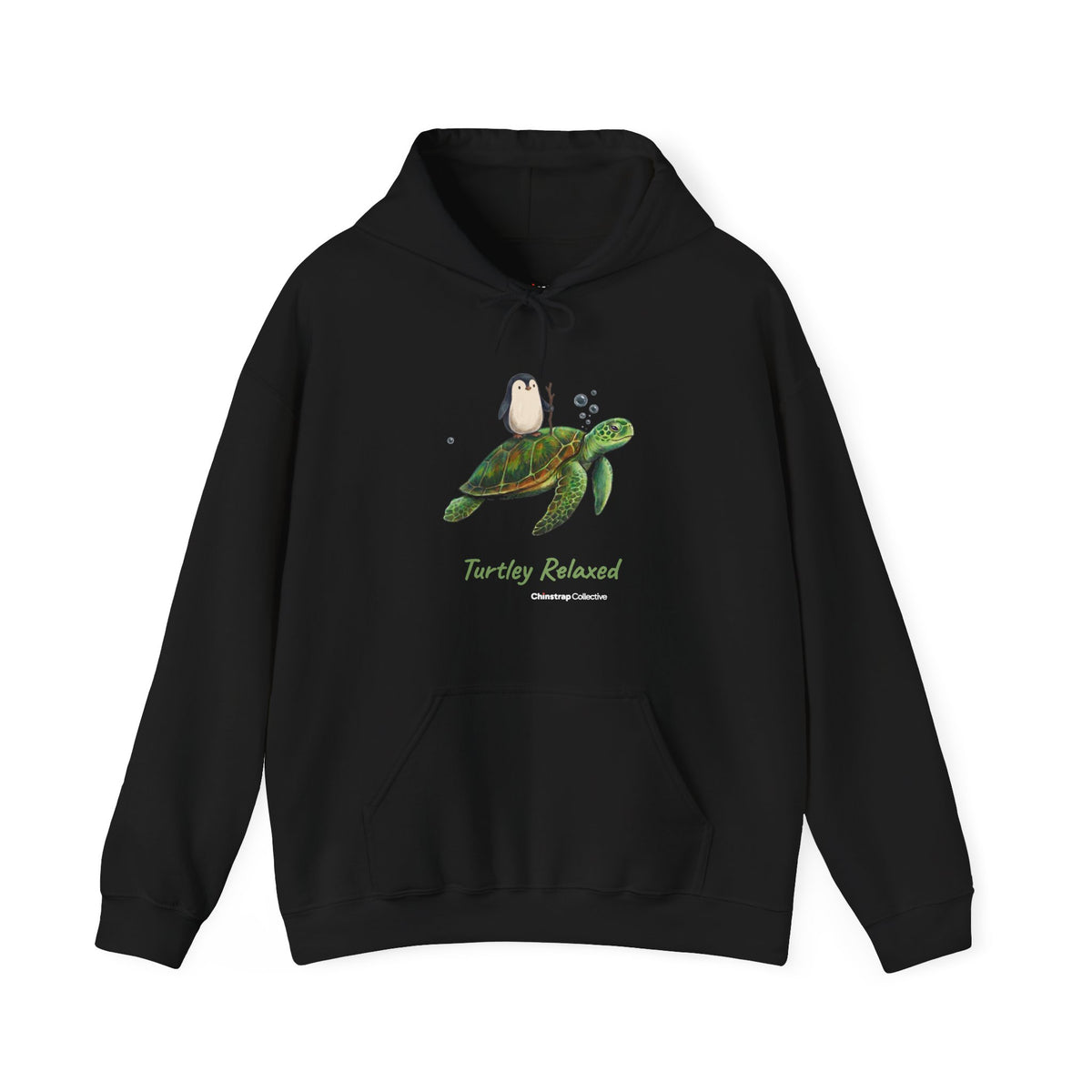 Turtley Relaxed penguin hoodie in Black: The drawing shows the penguin, walking stick in flipper, riding on the back of a…