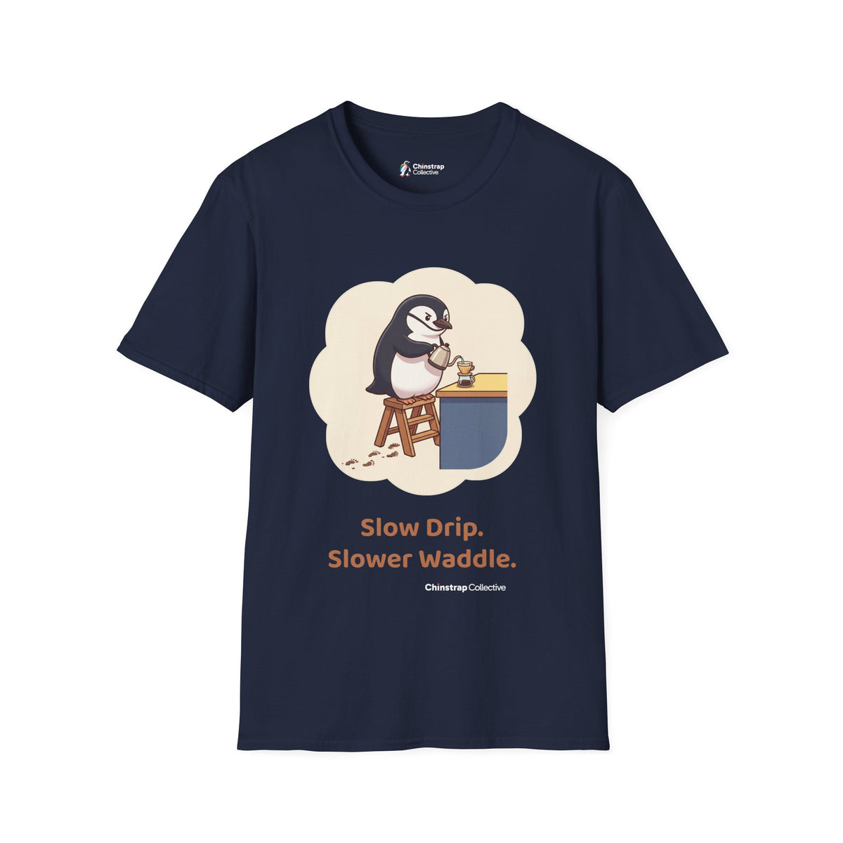Pour-Over Patience penguin T-shirt in Navy: Standing