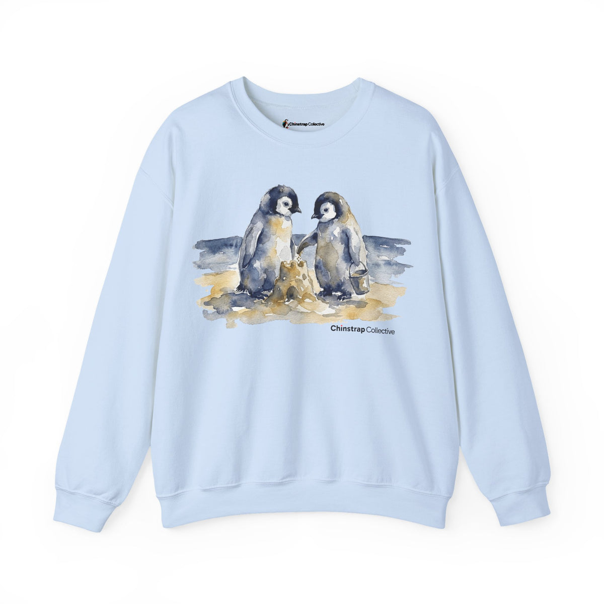 Sandcastle Penguin Chicks penguin sweatshirt in Light Blue: The front print is a soft watercolor in navy, slate grey and…