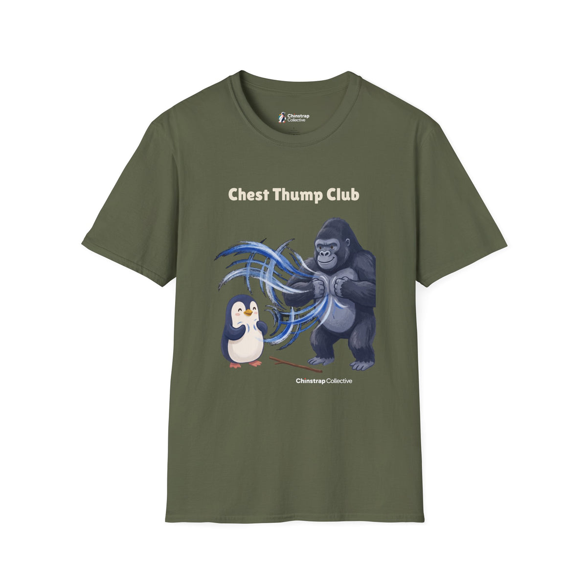 Chest Thump Club penguin T-shirt in Military Green: The penguin and a gorilla thump their chests in a playful face-off,…