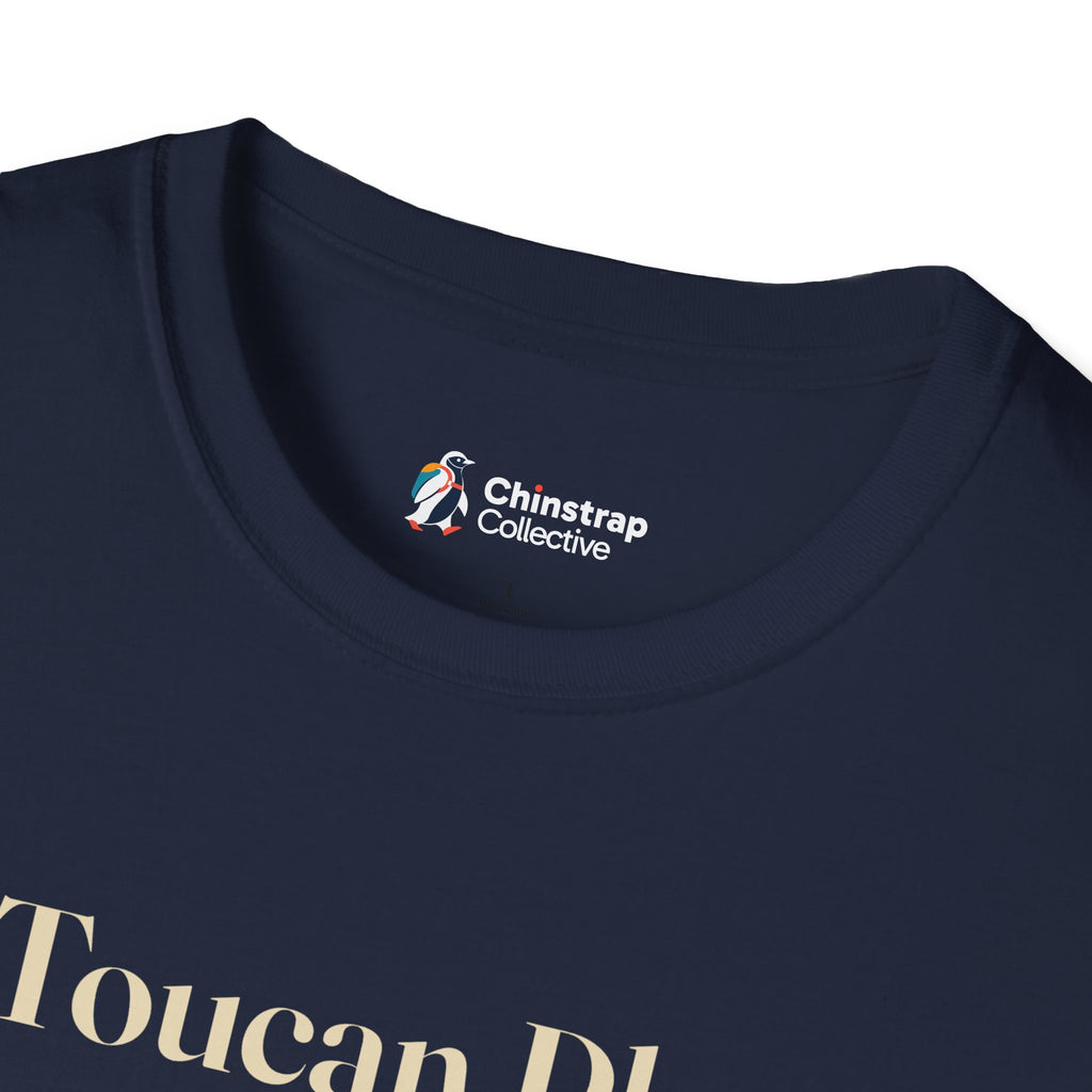 The Chinstrap Collective neck label on the Toucan Play That Game T-shirt in Navy