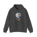 Window Seat penguin hoodie in Dark Heather: The art shows a chinstrap penguin pressing its face to a round airplane…