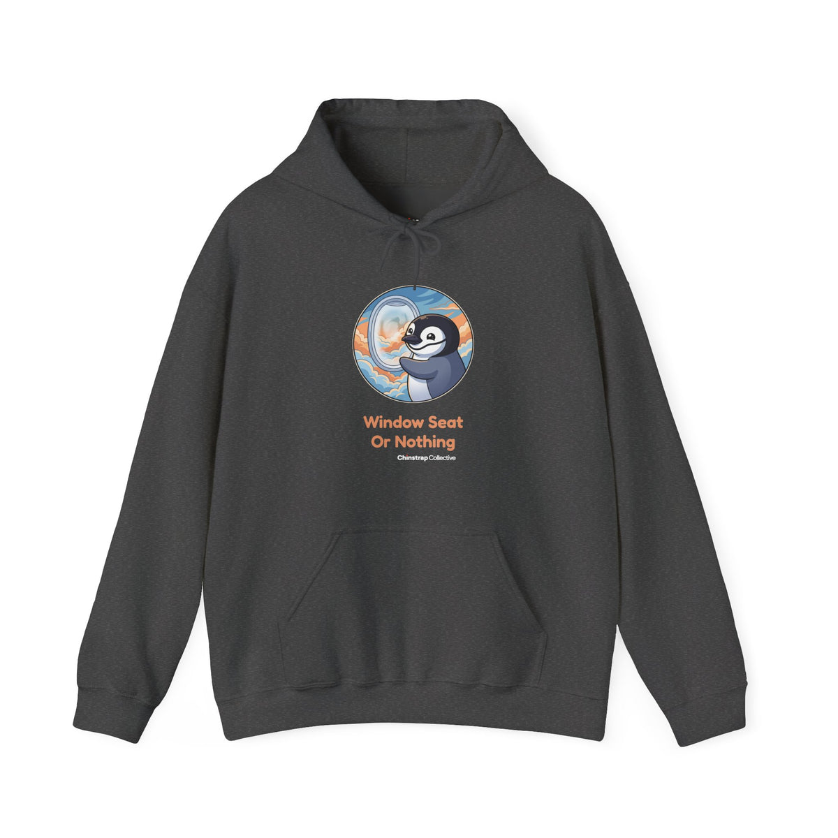 Window Seat penguin hoodie in Dark Heather: The art shows a chinstrap penguin pressing its face to a round airplane…