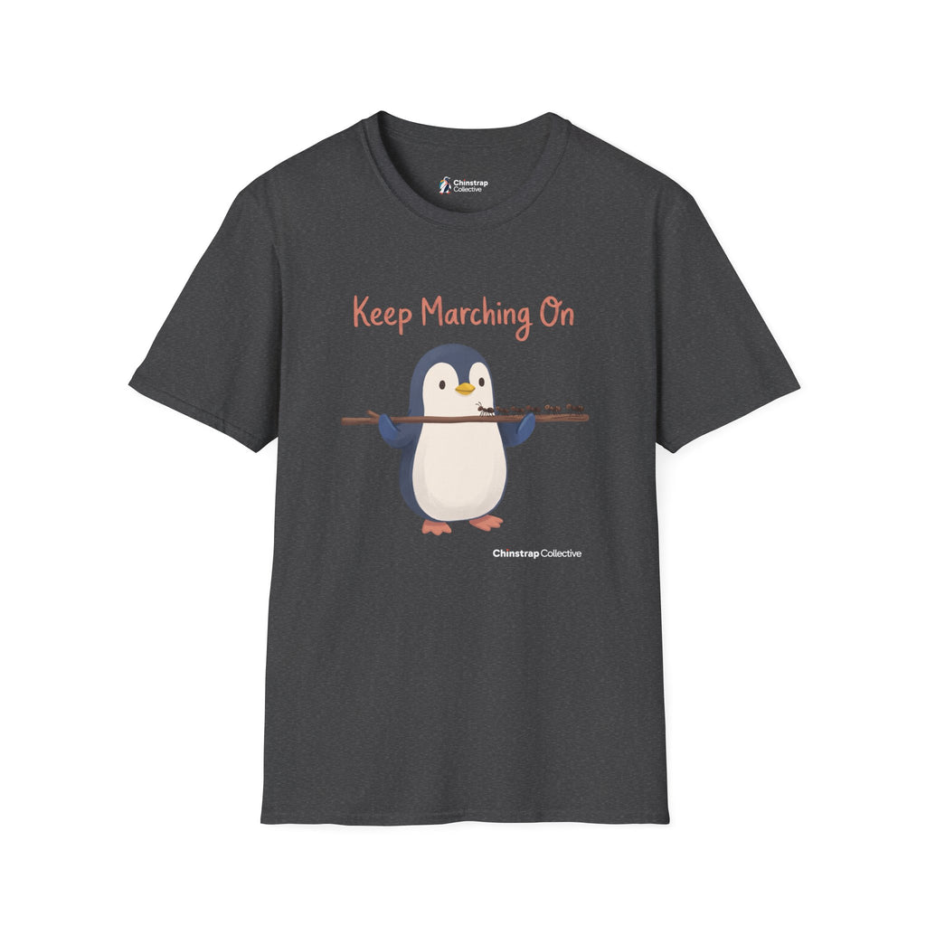 Keep Marching On penguin T-shirt in Dark Heather: The penguin carries a long stick across its flippers while a line of…