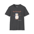 Keep Marching On penguin T-shirt in Dark Heather: The penguin carries a long stick across its flippers while a line of…
