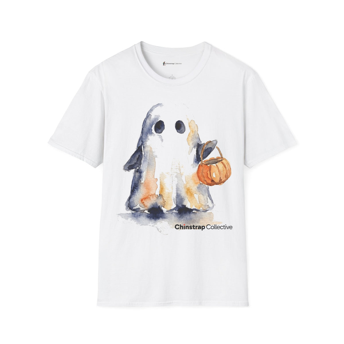 Penguin Ghost Costume penguin T-shirt in White: The front print is a watercolor painting of a penguin in a ghost sheet,…