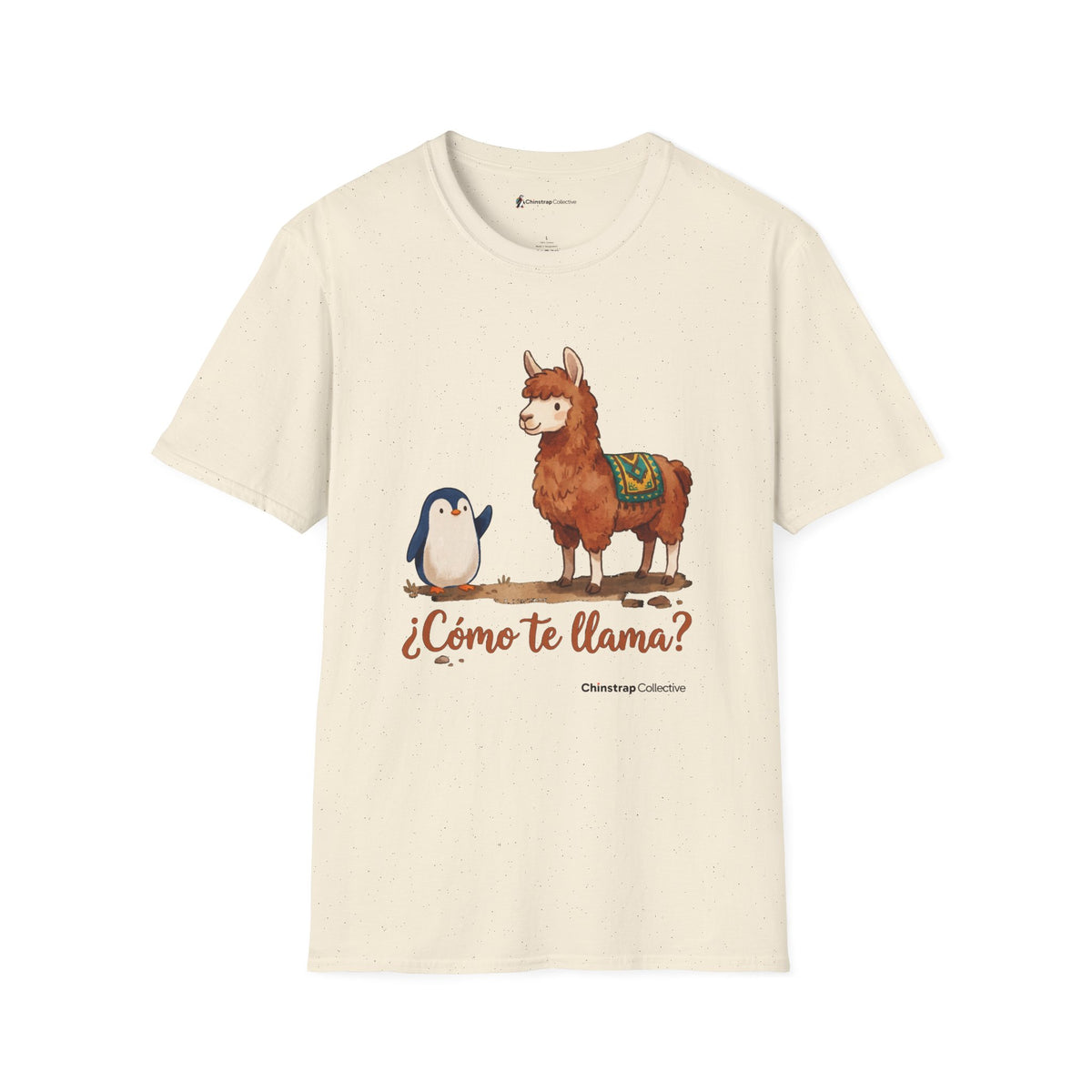 ¿Cómo Te Llama? penguin T-shirt in Natural: The penguin waves hello to a fluffy llama wearing a woven saddle blanket.…