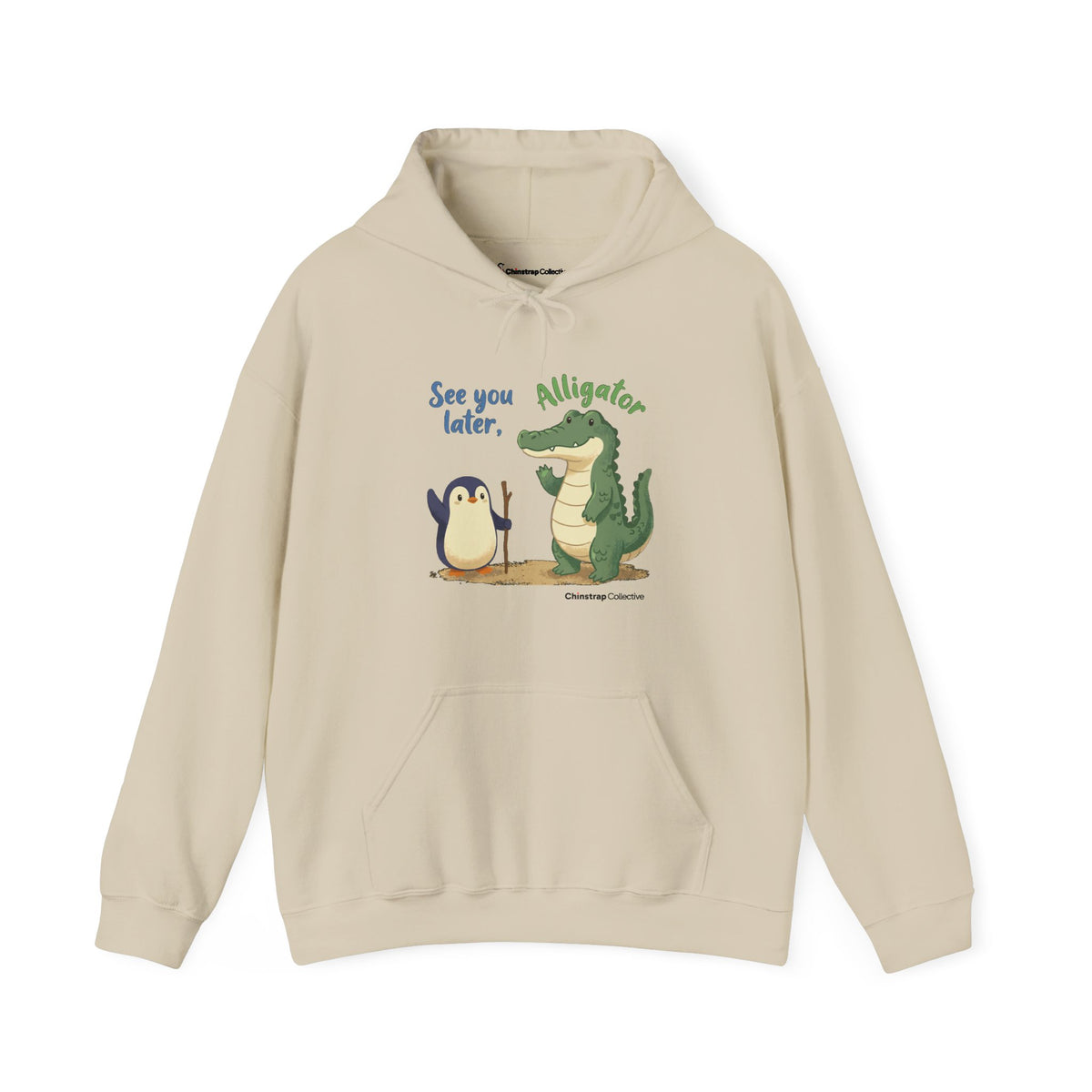 Later, Gator penguin hoodie in Sand: The drawing shows the penguin with a walking stick waving at a big green alligator…