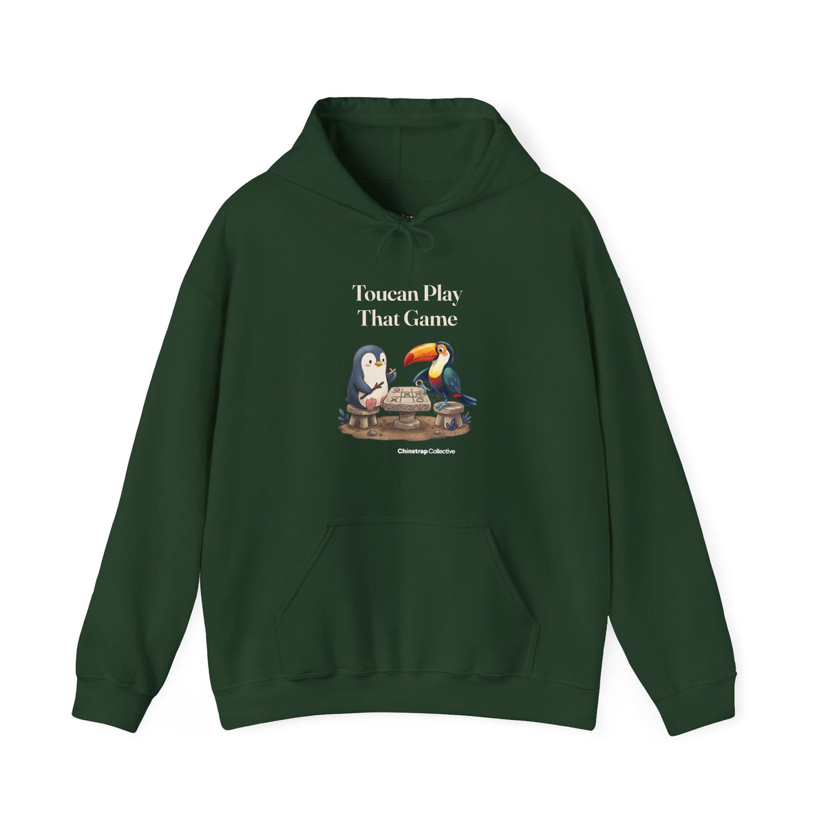 Toucan Play That Game penguin hoodie in Forest Green: The chinstrap penguin sits across from a toucan at a stone…