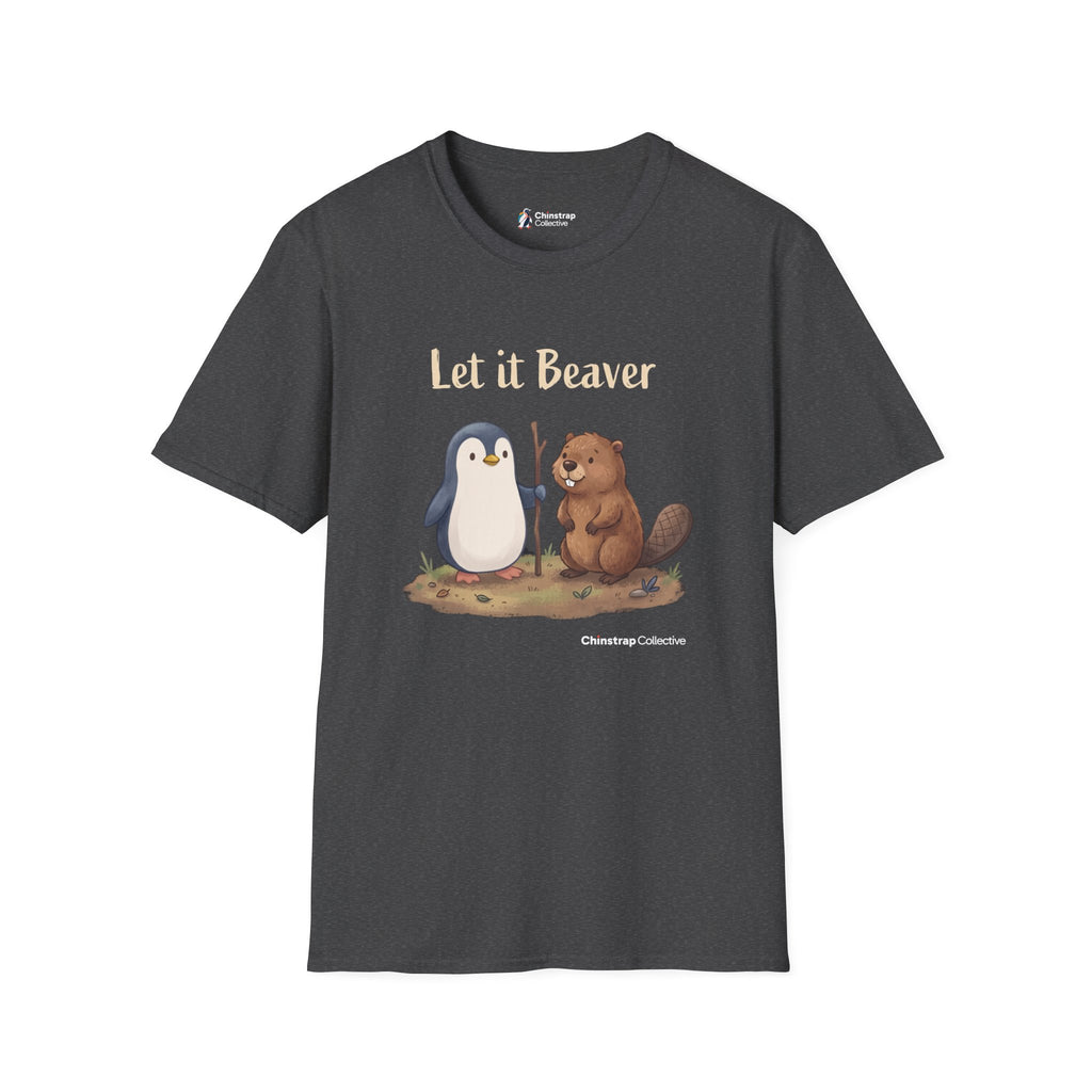Let It Beaver penguin T-shirt in Dark Heather: The penguin, a walking stick in its flipper, stands beside a cheerful beaver