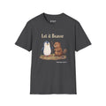 Let It Beaver penguin T-shirt in Dark Heather: The penguin, a walking stick in its flipper, stands beside a cheerful beaver