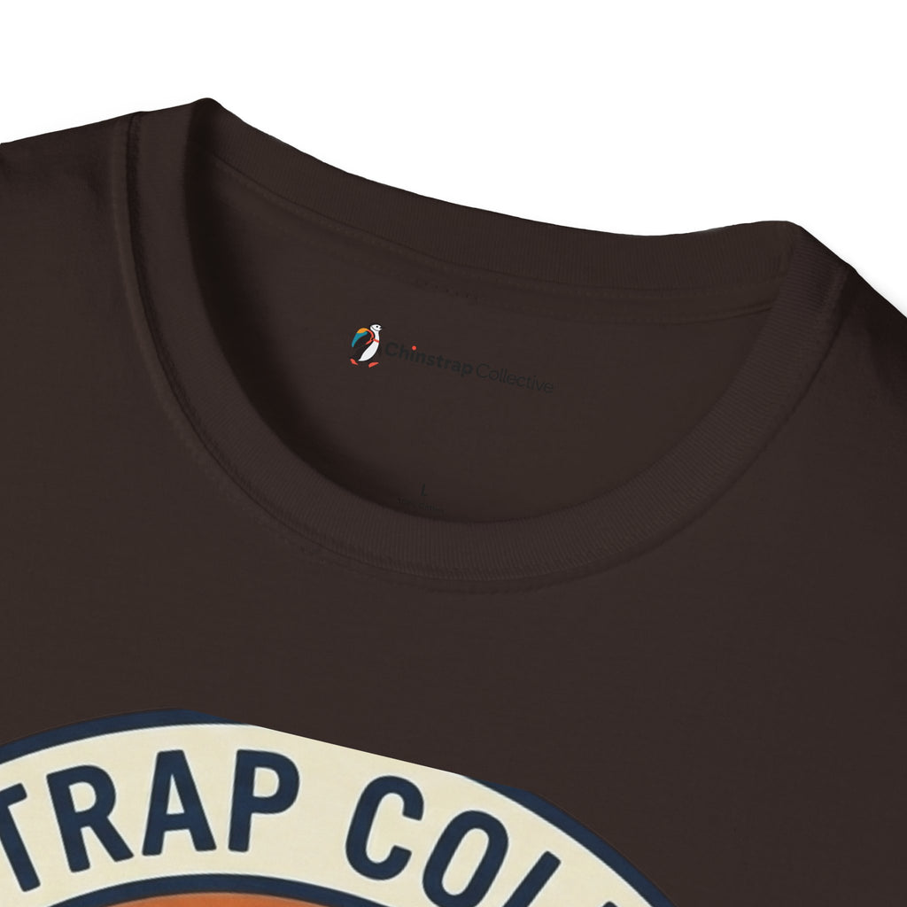 The Chinstrap Collective neck label on the Penguin Patch T-shirt in Dark Chocolate