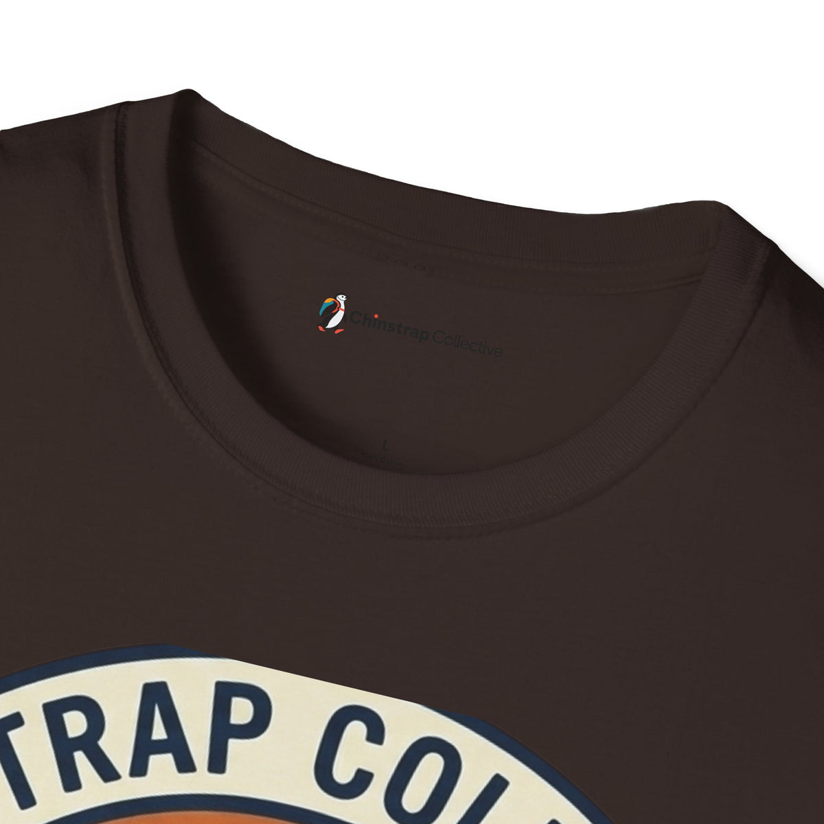 The Chinstrap Collective neck label on the Penguin Patch T-shirt in Dark Chocolate