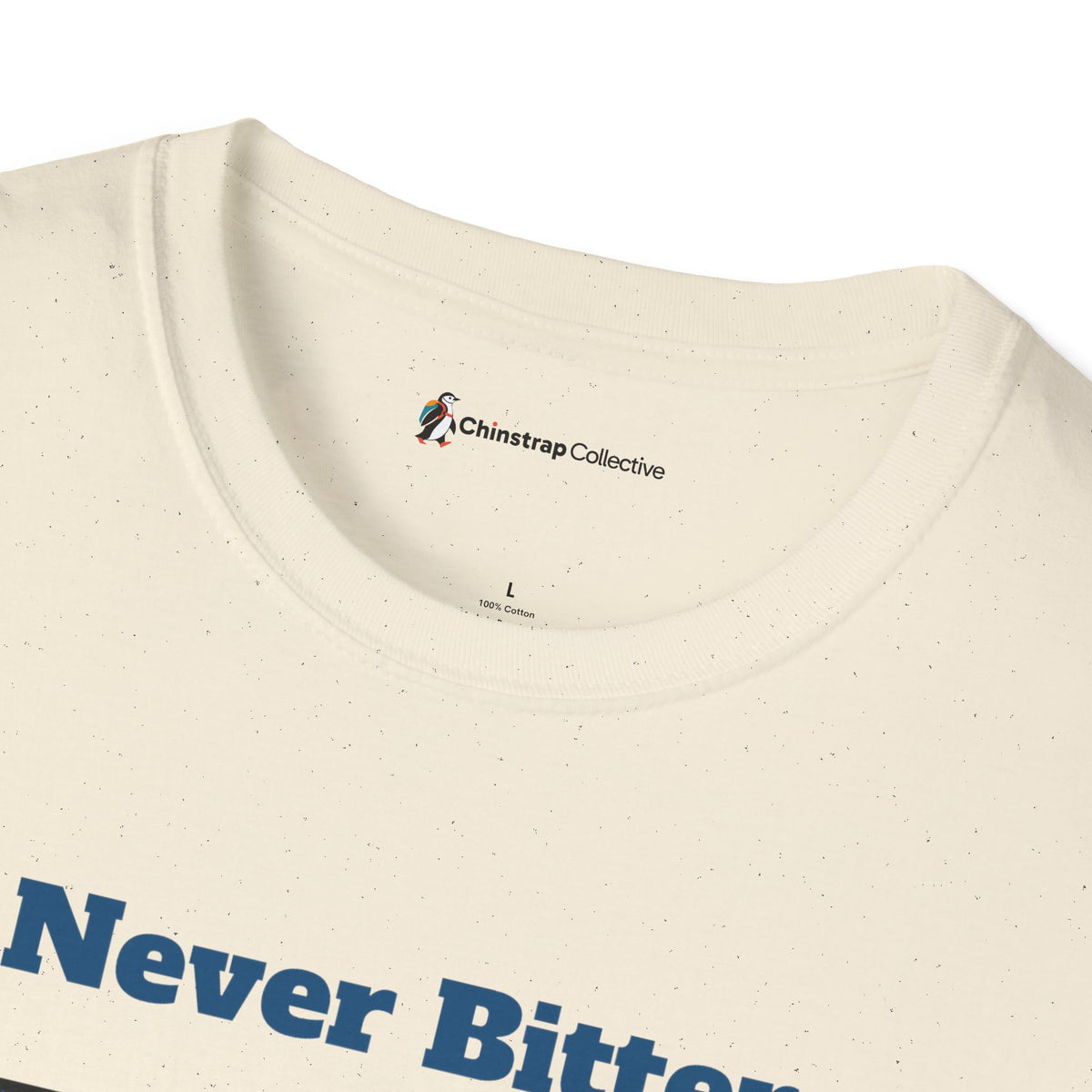 The Chinstrap Collective neck label on the Never Bitter T-shirt in Natural