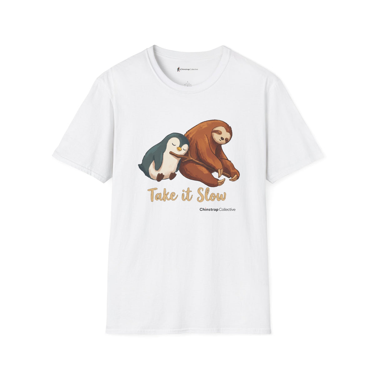 Take It Slow penguin T-shirt in White: The penguin and a sloth doze off leaning against each other, sharing one walking…