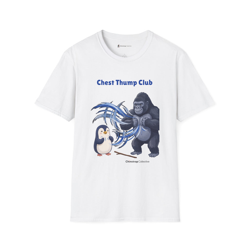 Chest Thump Club penguin T-shirt in White: The penguin and a gorilla thump their chests in a playful face-off, swirls of…
