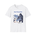 Chest Thump Club penguin T-shirt in White: The penguin and a gorilla thump their chests in a playful face-off, swirls of…