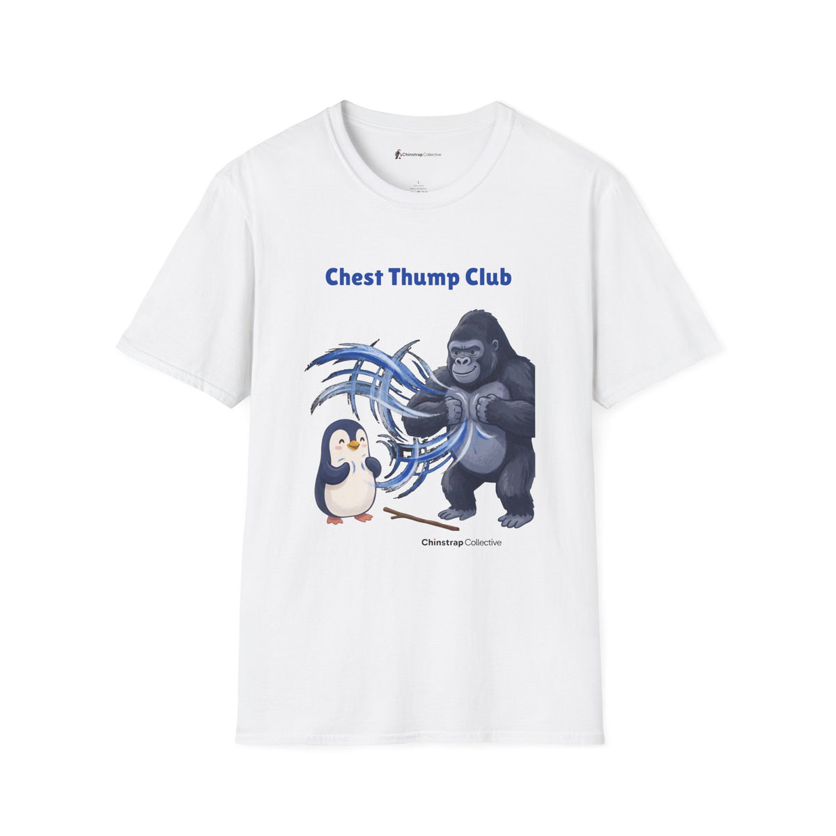 Chest Thump Club penguin T-shirt in White: The penguin and a gorilla thump their chests in a playful face-off, swirls of…