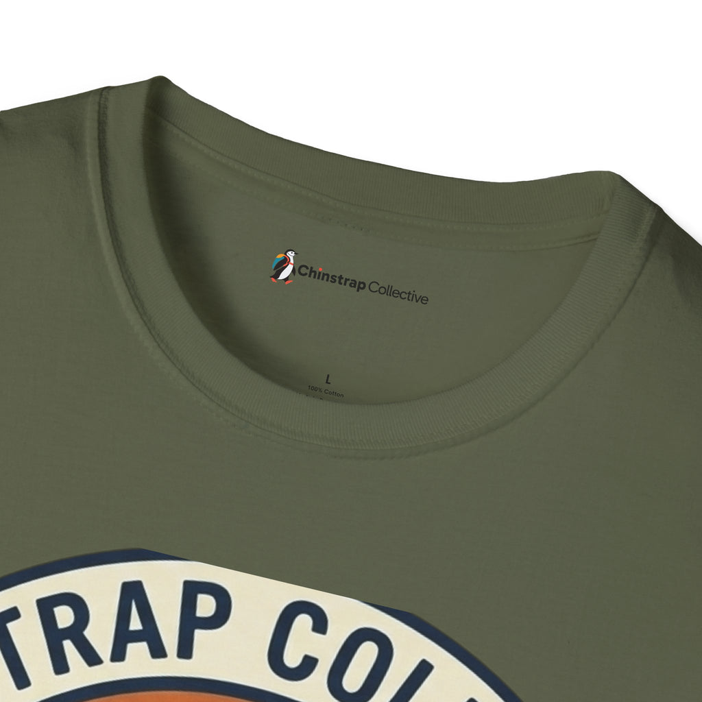 The Chinstrap Collective neck label on the Penguin Patch T-shirt in Military Green