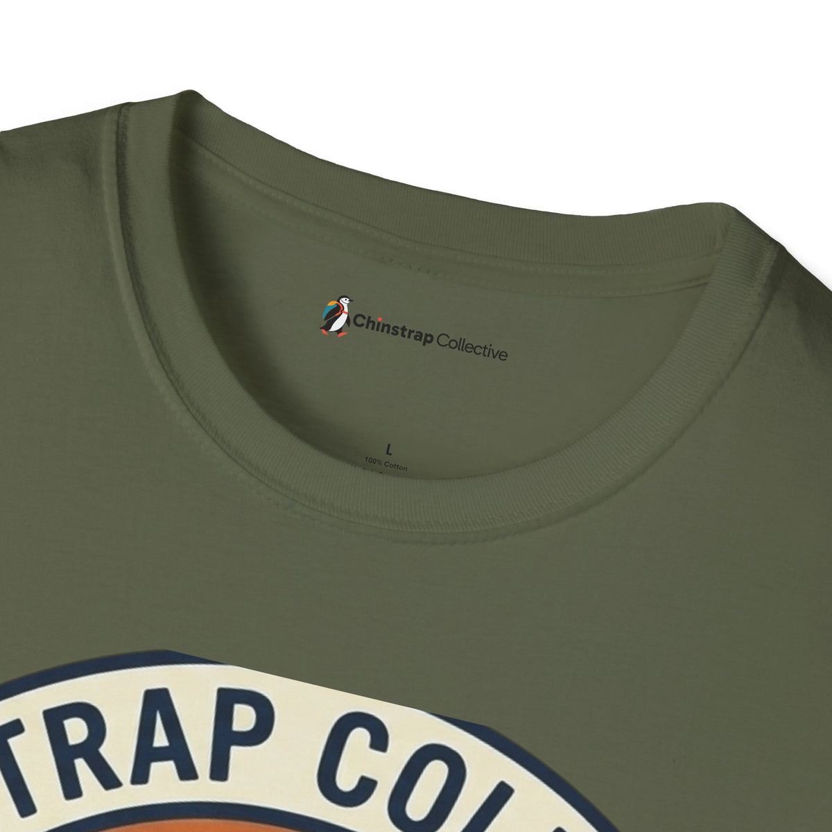 The Chinstrap Collective neck label on the Penguin Patch T-shirt in Military Green