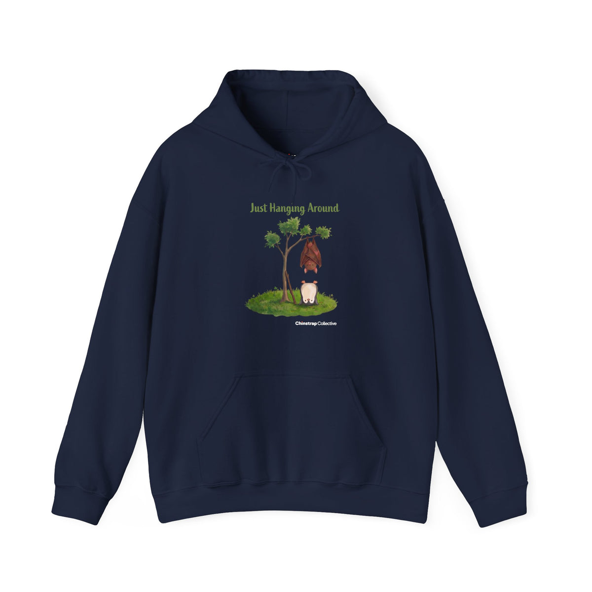 Just Hanging Around penguin hoodie in Navy: A bat hangs upside down from a leafy tree while the penguin does a headstand…