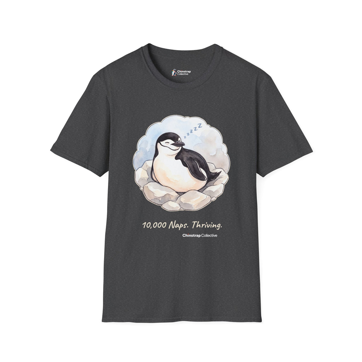 Professional Napper penguin T-shirt in Dark Heather: Inside a soft cloud of pale sky, the penguin sleeps
