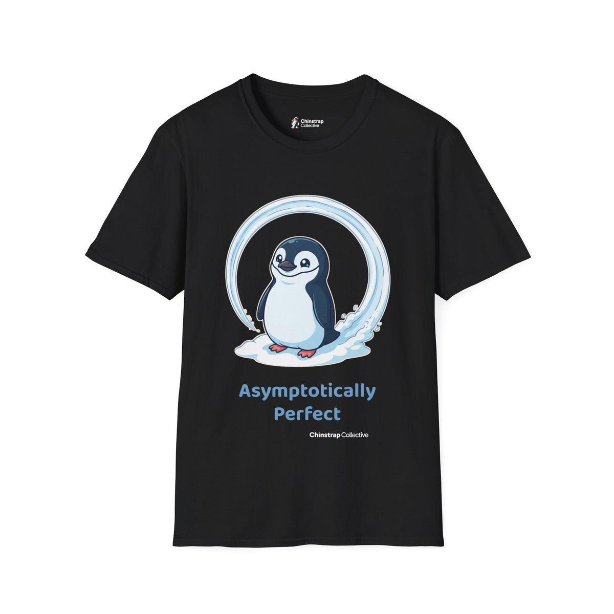 Asymptotically Perfect penguin T-shirt in Black: The chinstrap penguin stands inside a near-perfect circle it slid into…