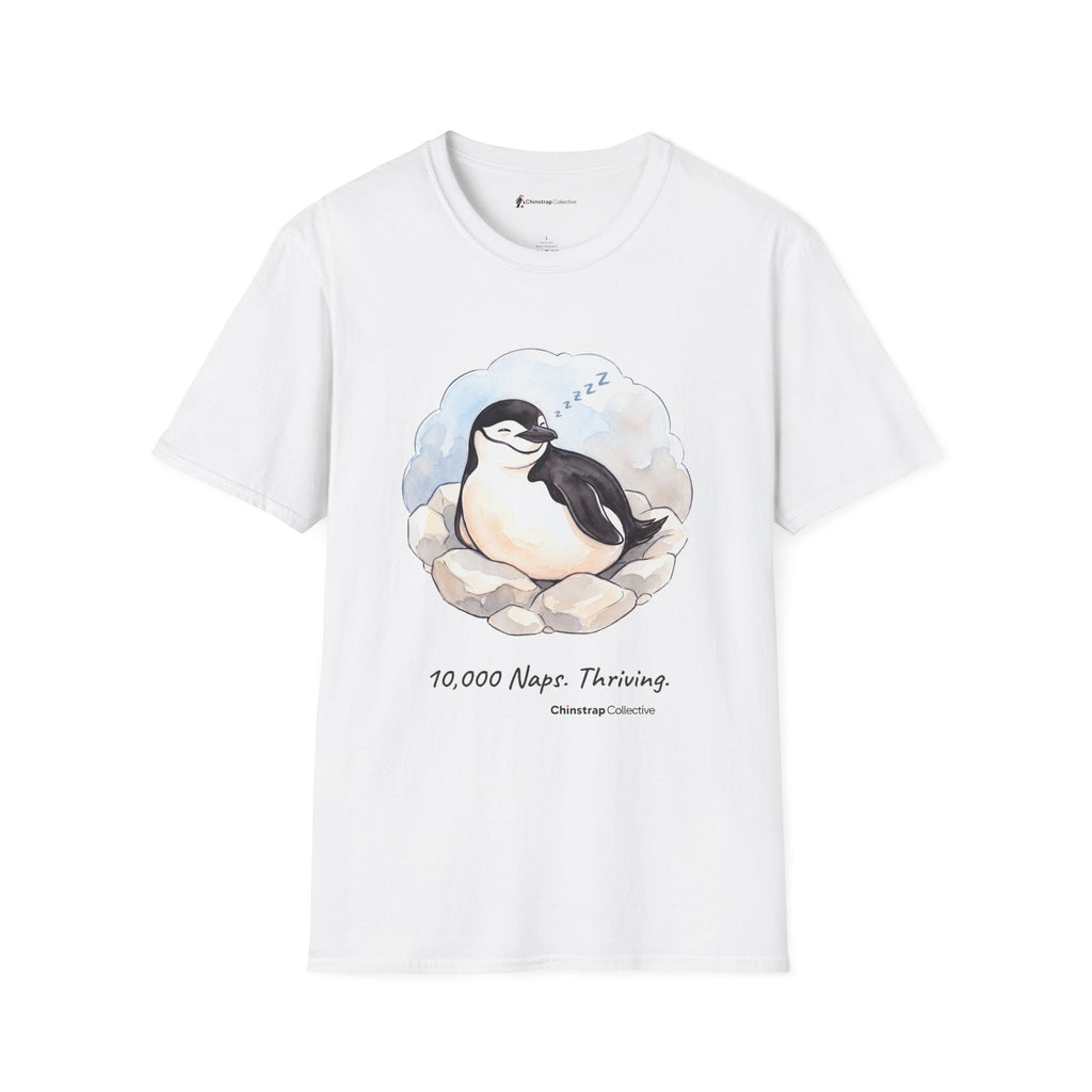 Professional Napper penguin T-shirt in White: Inside a soft cloud of pale sky, the penguin sleeps