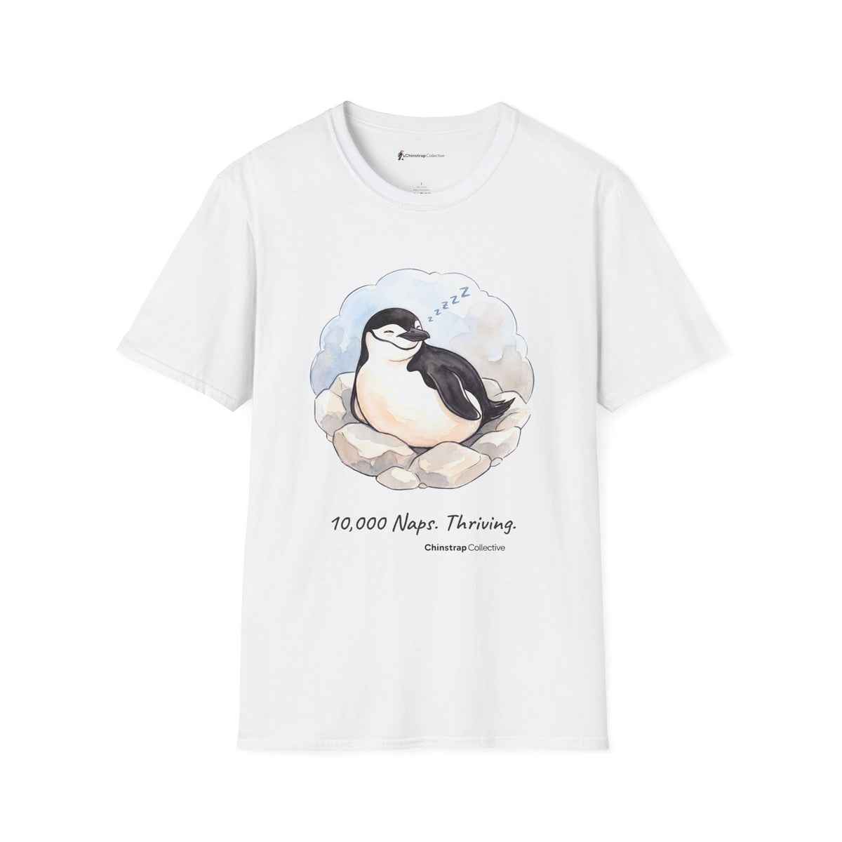 Professional Napper penguin T-shirt in White: Inside a soft cloud of pale sky, the penguin sleeps